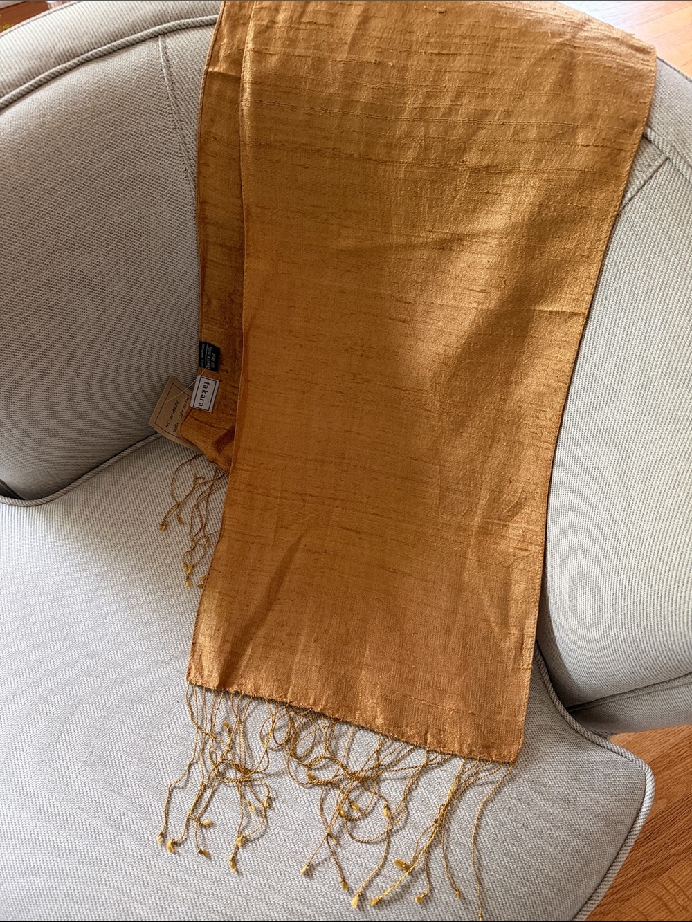 VTG Bohemian TAKARA Raw Silk Fringe Scarf - Hand Woven Pure Soie  Camel Color